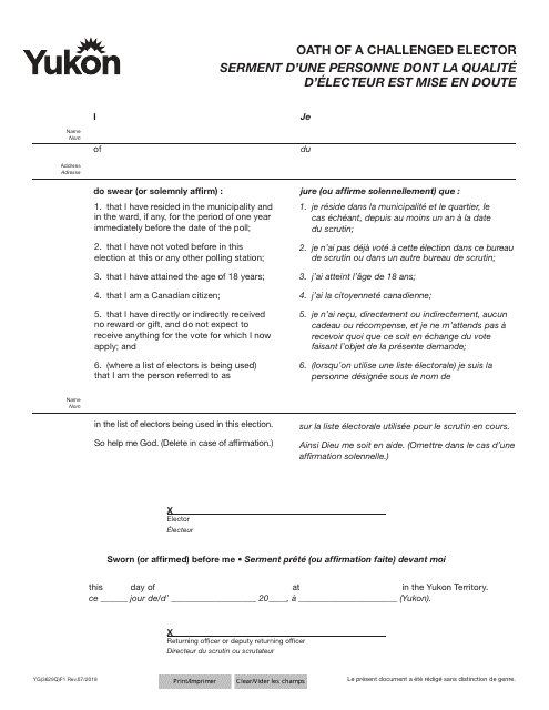Form YG3629 Oath of a Challenged Elector - Yukon, Canada (English/French)