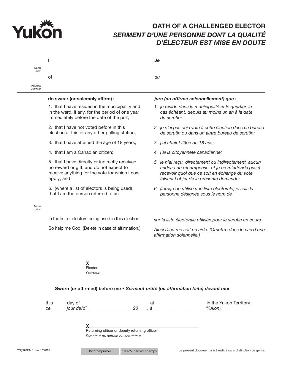Form YG3629 Oath of a Challenged Elector - Yukon, Canada (English / French), Page 1