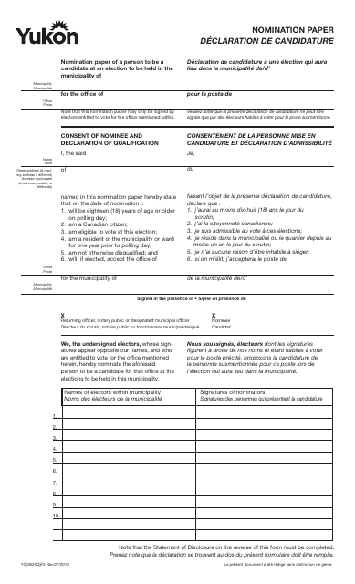 Form YG3626 Nomination Paper - Yukon, Canada (English/French)