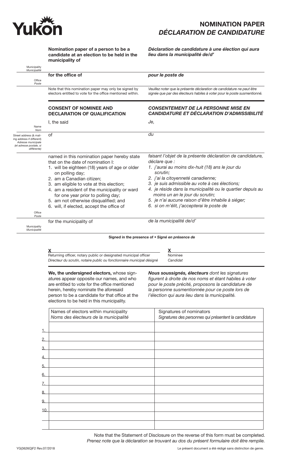 Form YG3626 Nomination Paper - Yukon, Canada (English / French), Page 1