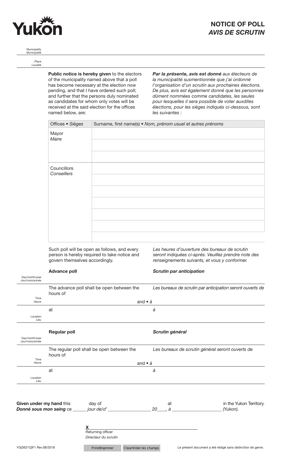 Form YG3621 Notice of Poll - Yukon, Canada (English / French), Page 1