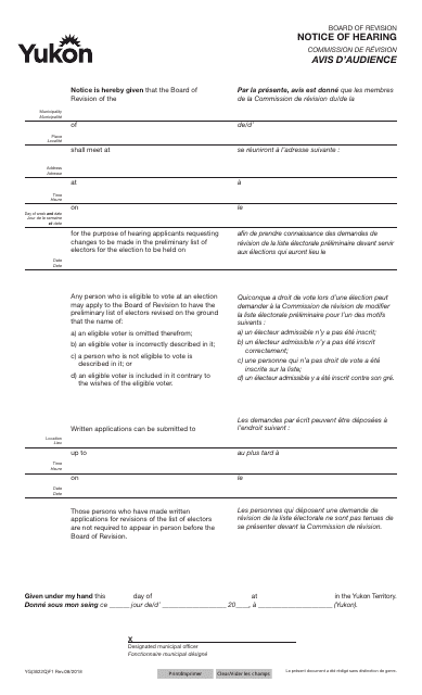 Form YG3622 Notice of Hearing - Yukon, Canada (English/French)
