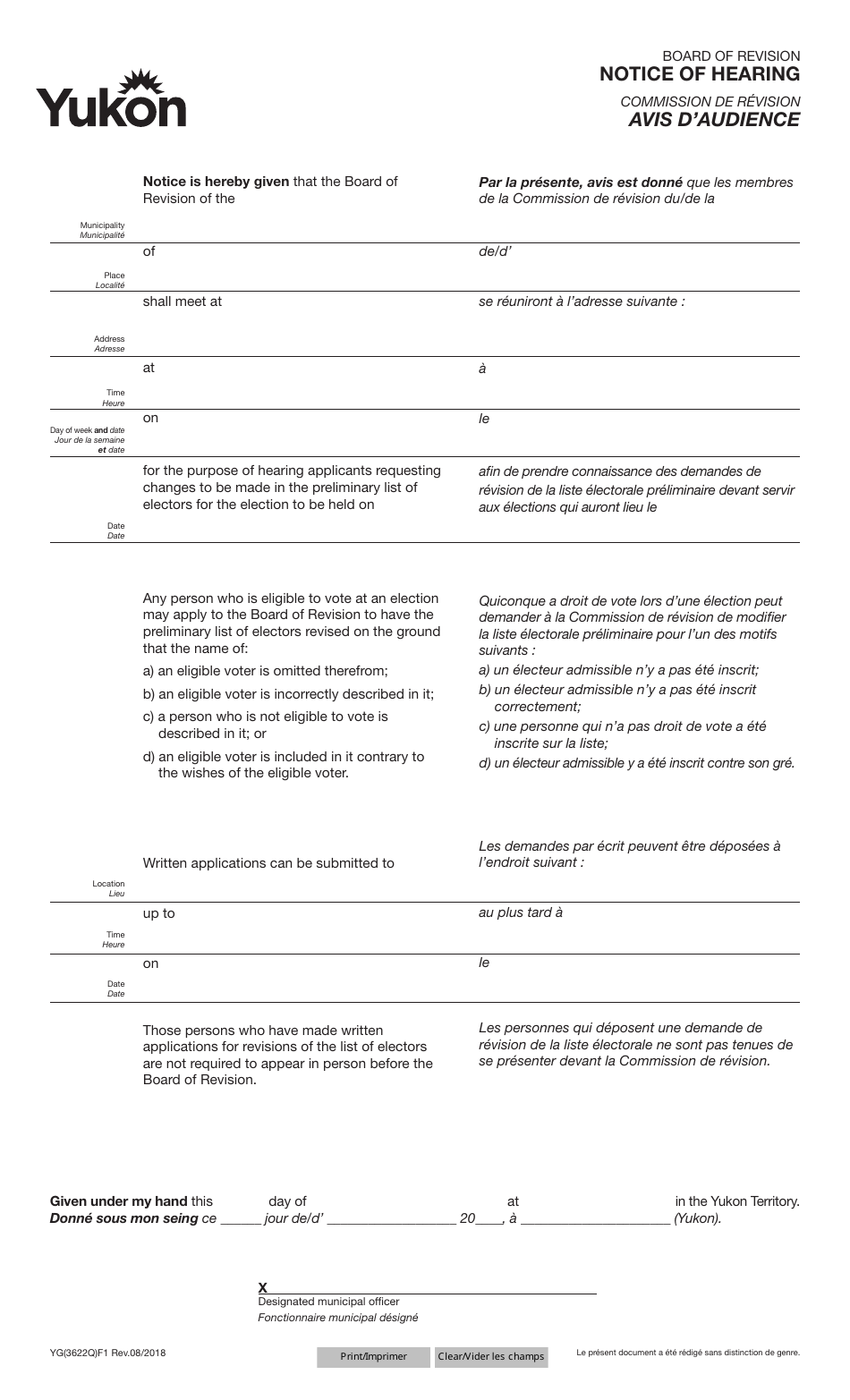 Form YG3622 Notice of Hearing - Yukon, Canada (English / French), Page 1