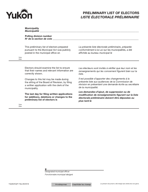Form YG3625 Preliminary List of Electors - Yukon, Canada (English/French)