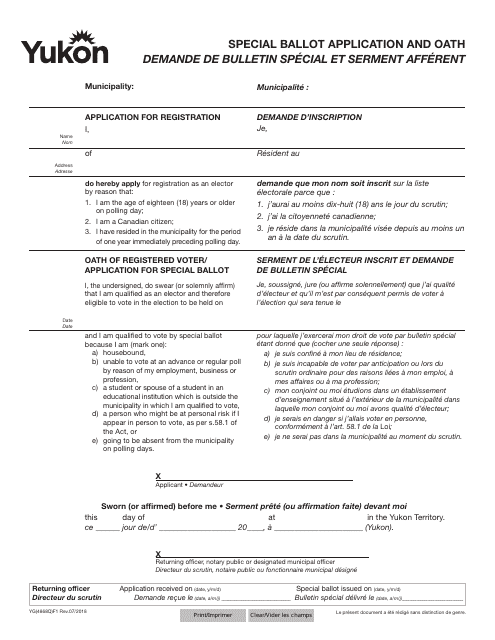 Form YG4868 Special Ballot Application and Oath - Yukon, Canada (English/French)