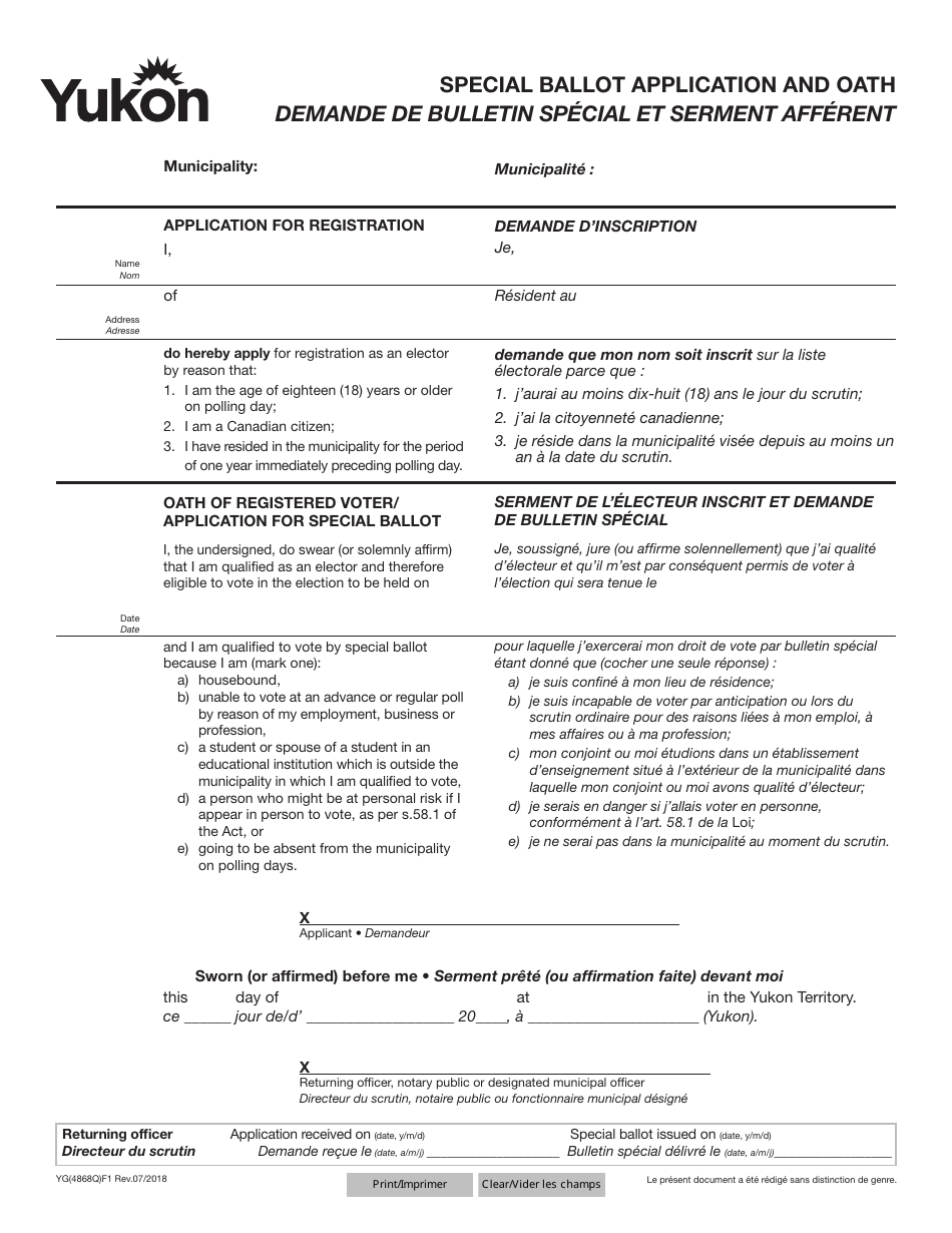 Form YG4868 Special Ballot Application and Oath - Yukon, Canada (English / French), Page 1