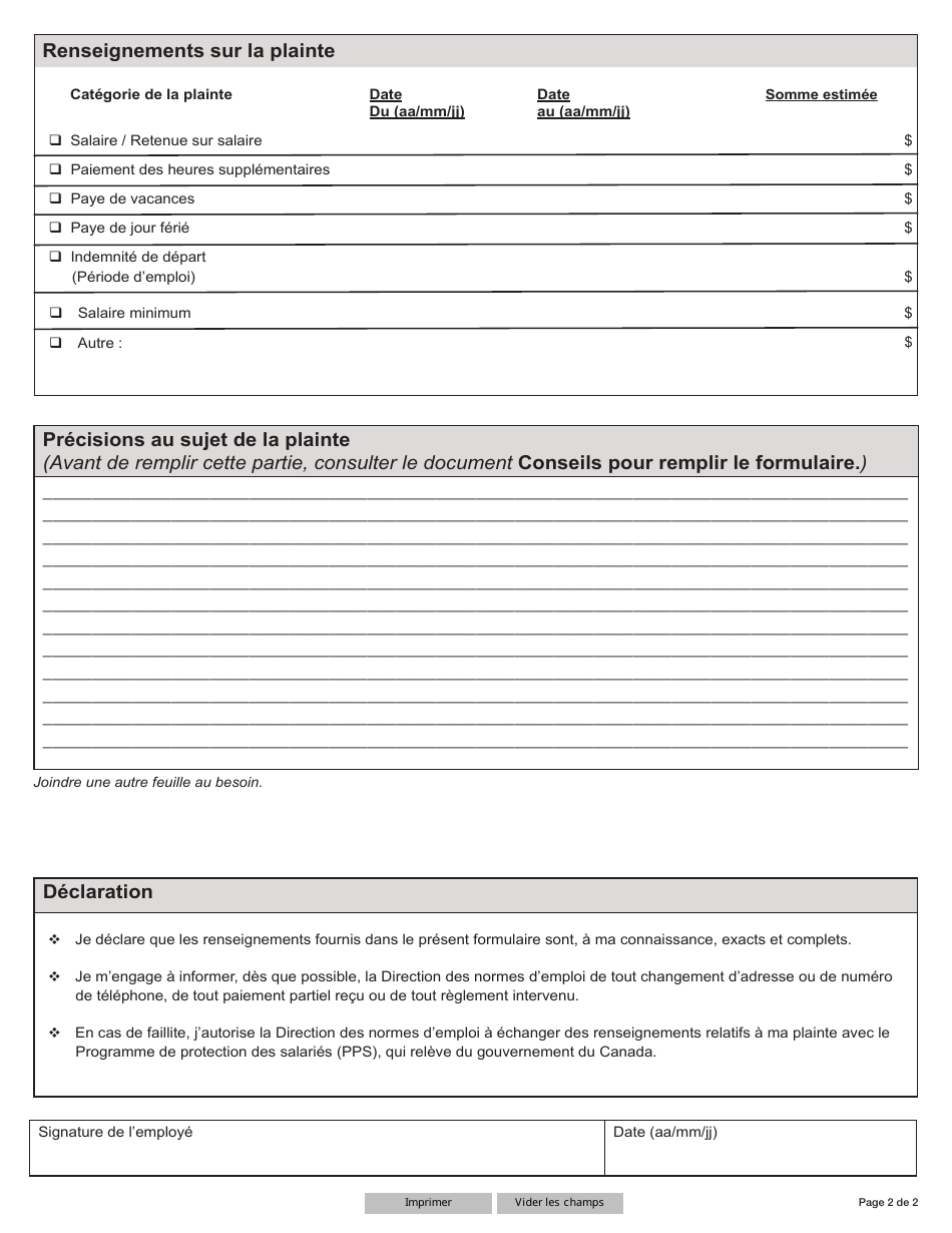 Forme YG5600 Renseignements Relatifs Au Depot Dune Plainte - Yukon, Canada (French), Page 2