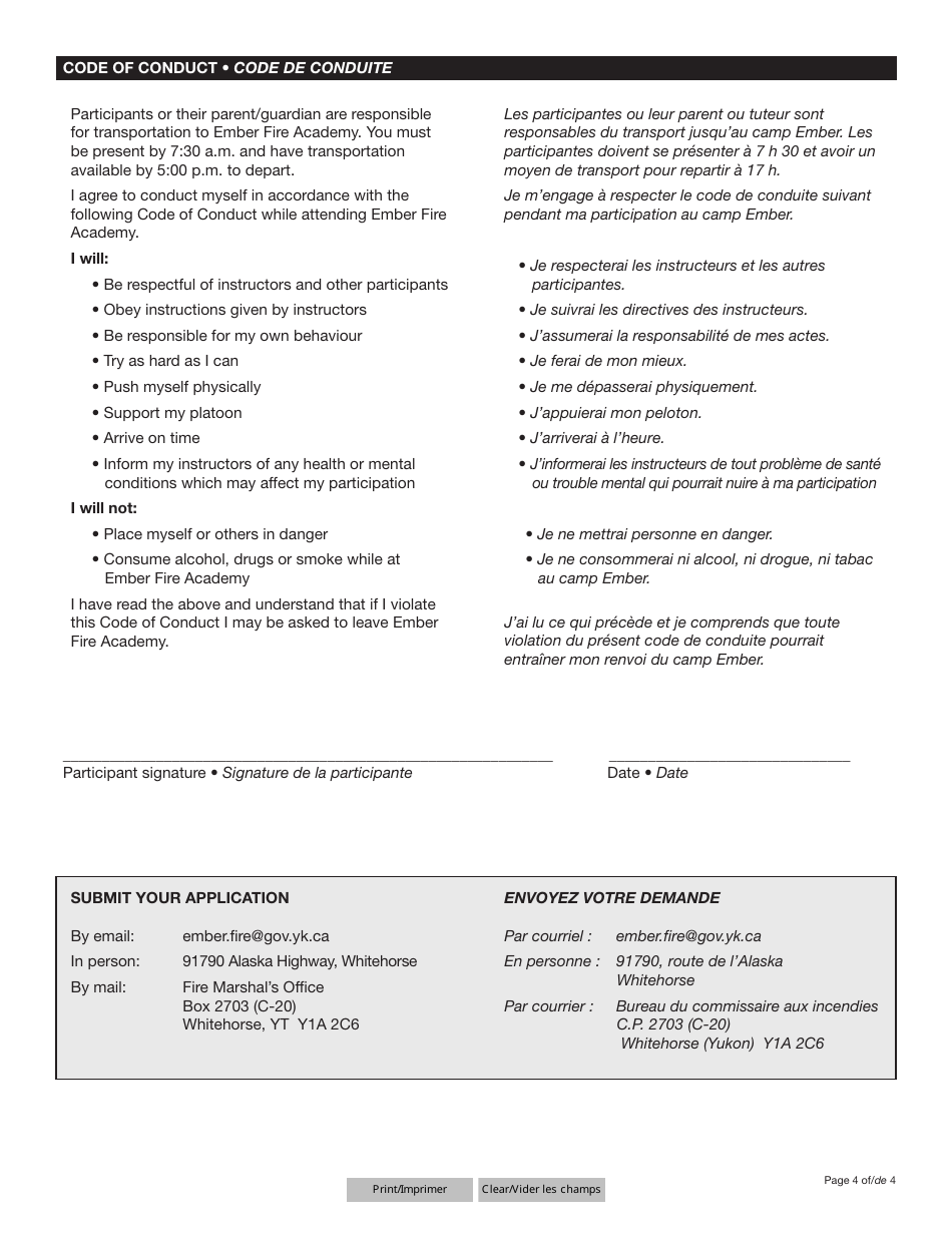 Form YG6553 Application for Ember Fire Academy - Yukon, Canada (English / French), Page 4