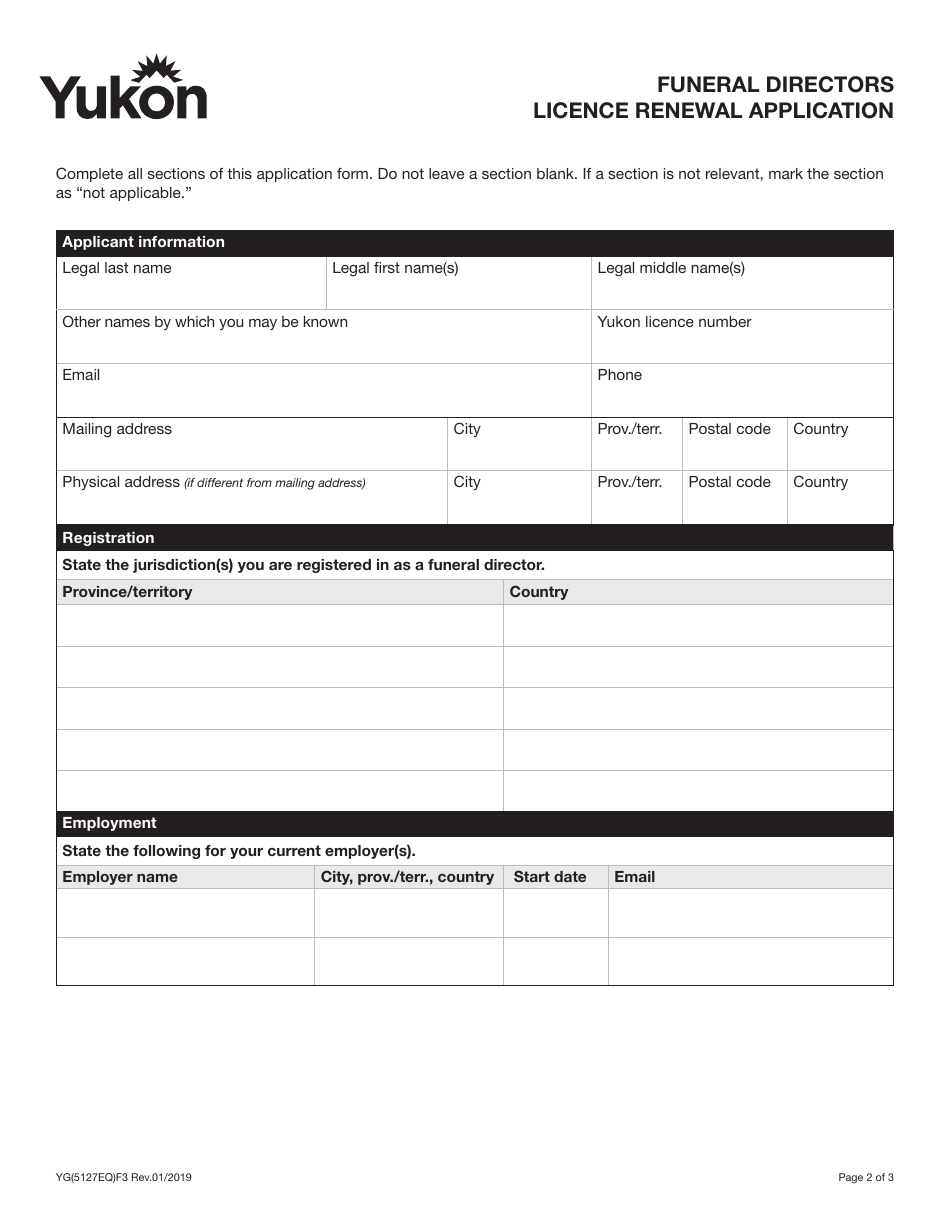 Form YG5127 Funeral Directors Licence Renewal Application - Yukon, Canada, Page 3