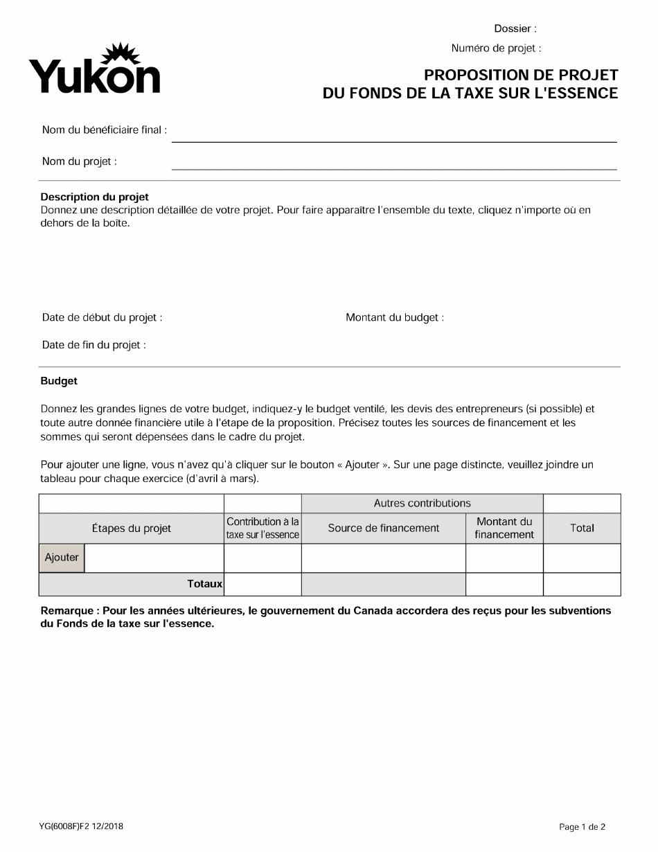 Forme YG6008 Proposition De Projet Du Fonds De La Taxe Sur Lessence - Yukon, Canada (French), Page 1