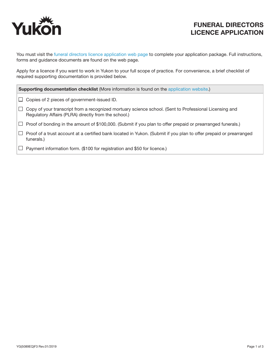 Form YG5089 Funeral Directors Licence Application - Yukon, Canada, Page 1