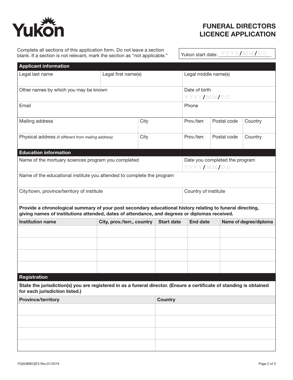 Form YG5089 Funeral Directors Licence Application - Yukon, Canada, Page 3