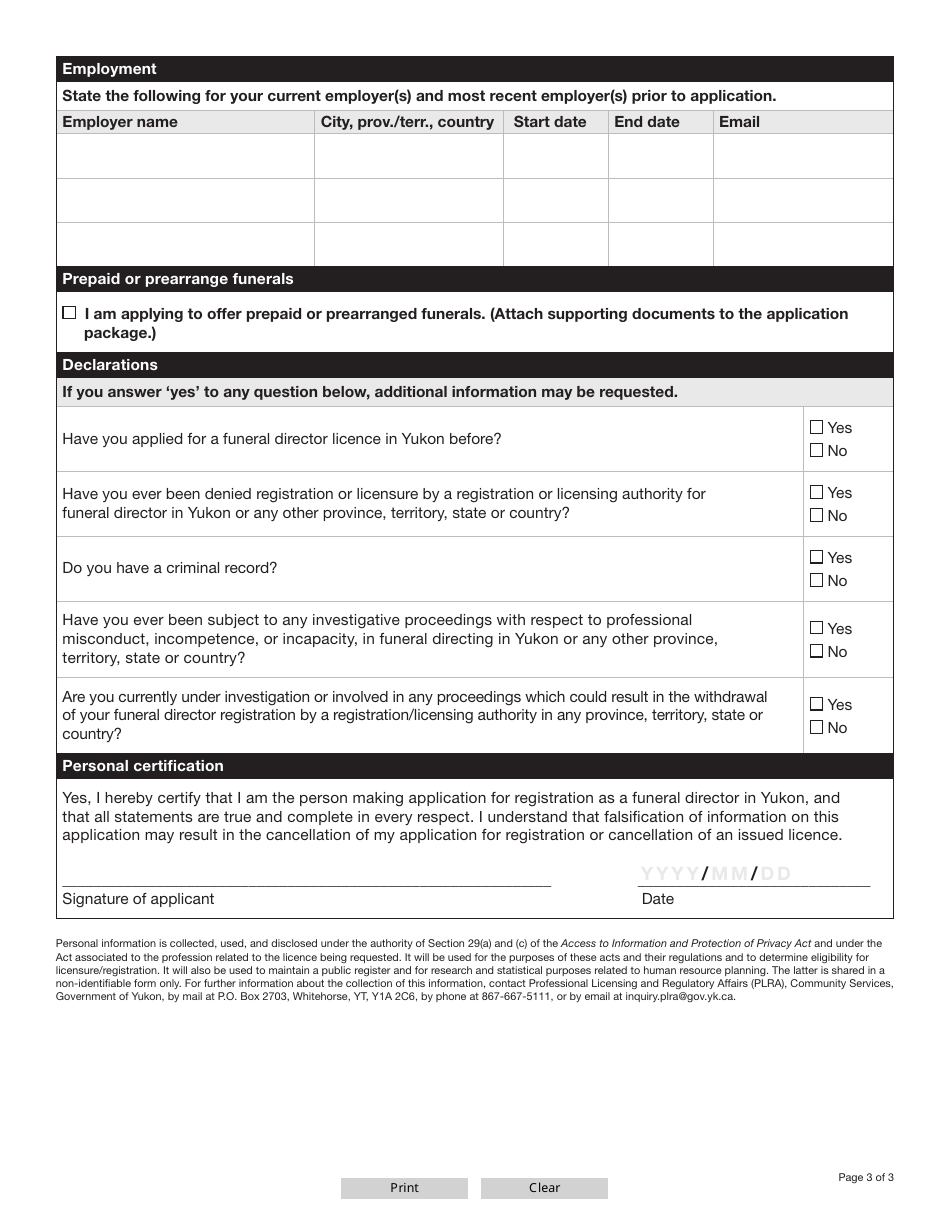 Form YG5089 Funeral Directors Licence Application - Yukon, Canada, Page 4
