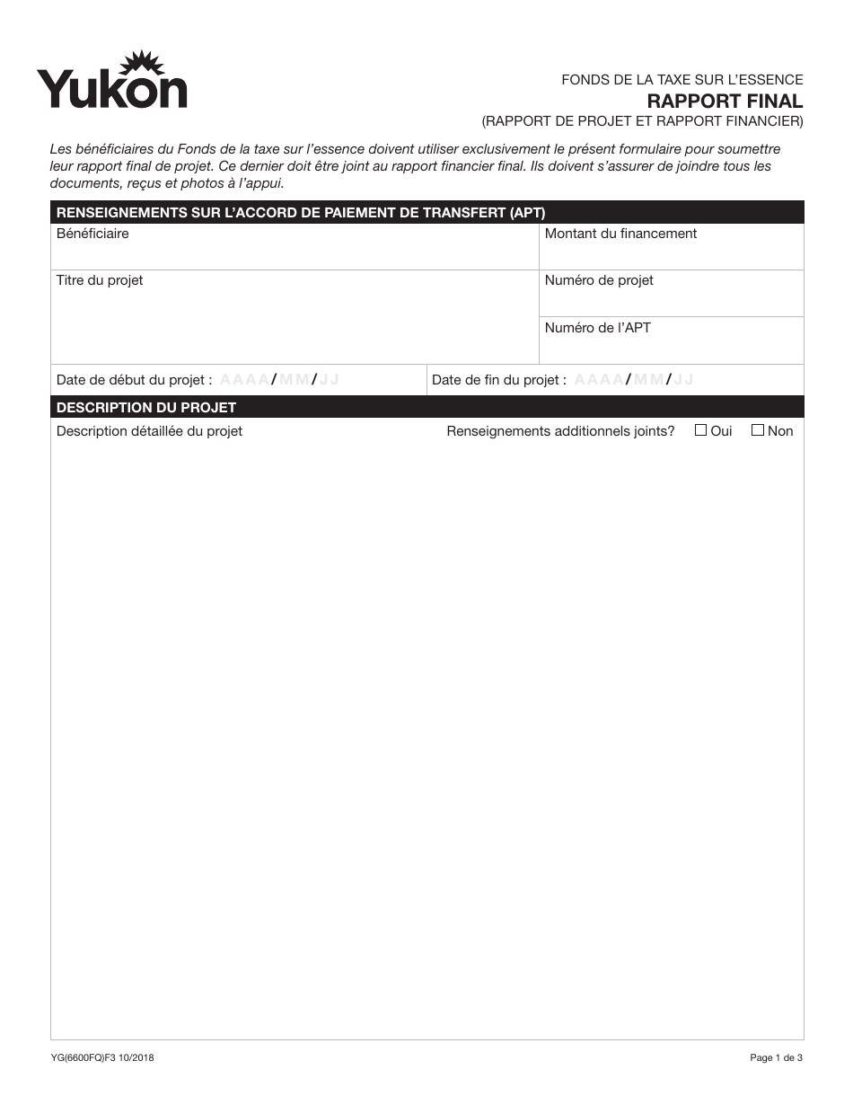 Forme YG6600 Fonds De La Taxe Sur Lessence Rapport Final - Yukon, Canada (French), Page 1