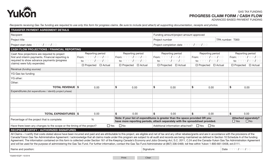 Form YG6601 Gas Tax Fund Progress Claim Form / Cash Flow - Yukon, Canada, Page 1