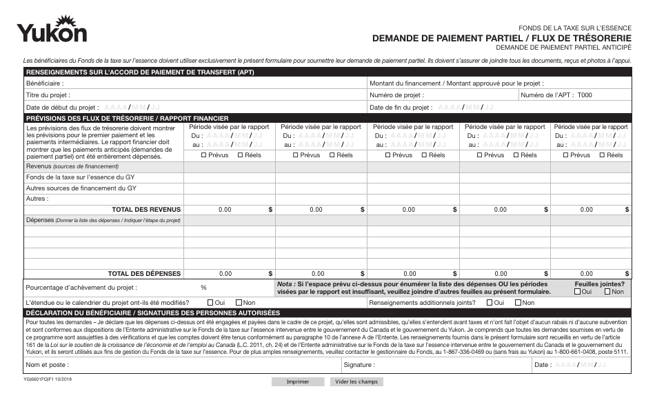 Forme YG6601 Fonds De La Taxe Sur Lessence Demande De Paiement Partiel / Flux De Tresorerie - Yukon, Canada (French), Page 1