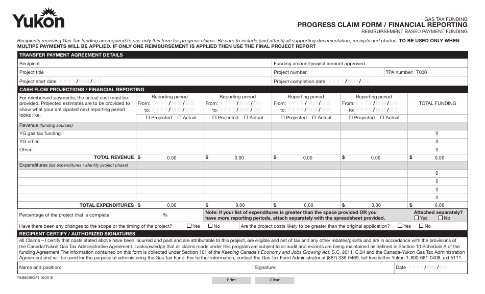 Form YG6602 Gas Tax Fund Progress Claim Form / Financial Reporting - Yukon, Canada, Page 1