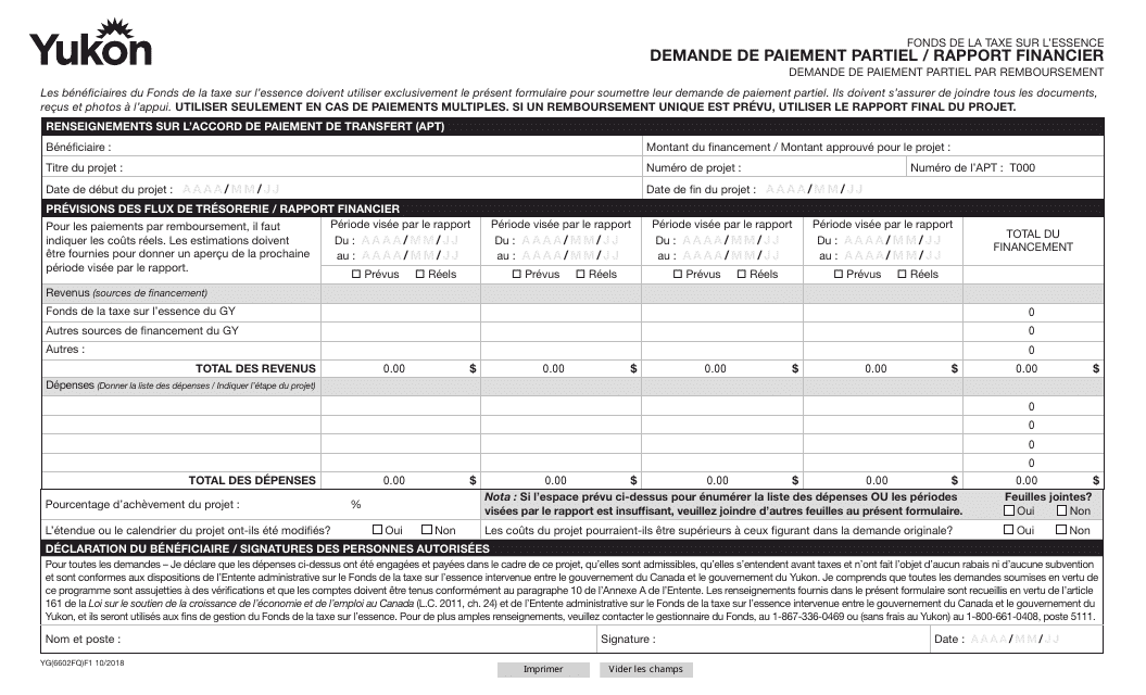 Forme YG6602 Fonds De La Taxe Sur L'essence Demande De Paiement Partiel / Rapport Financier - Yukon, Canada (French)