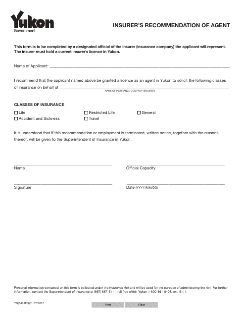 Form YG6481 Insurer's Recommendation of Agent - Yukon, Canada