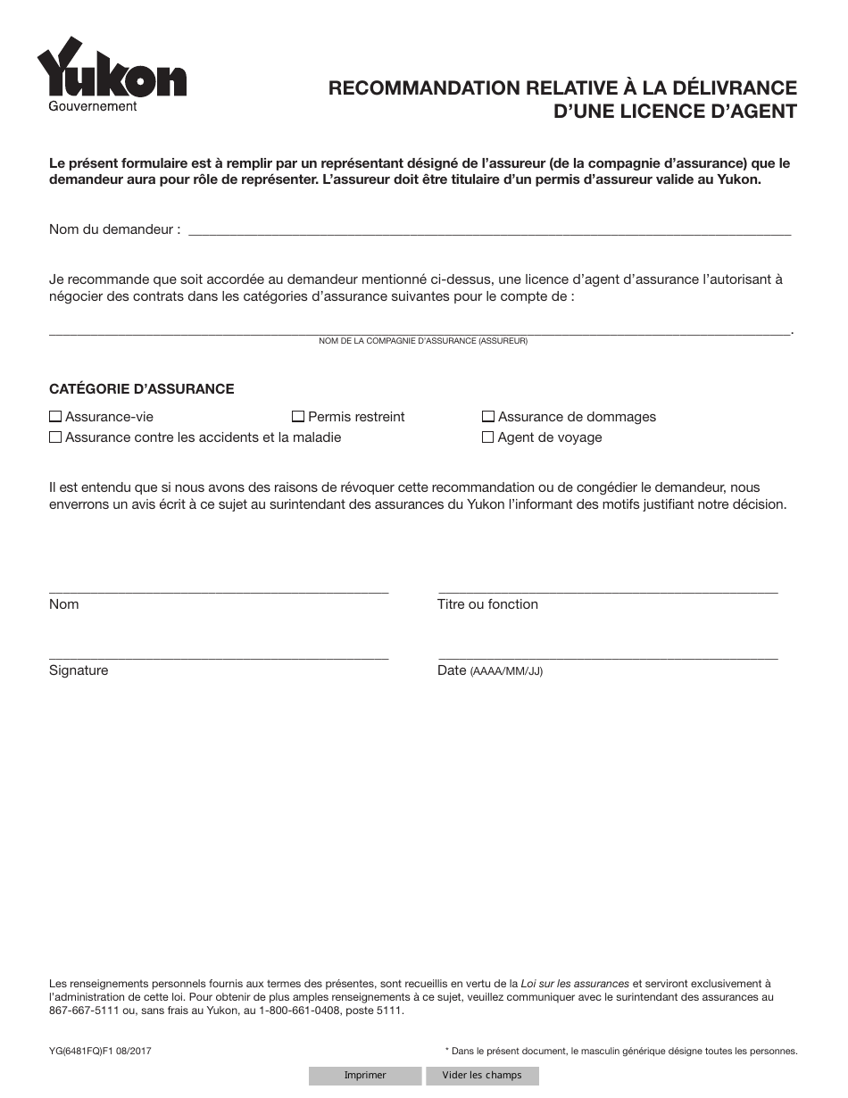 Forme YG6481 Recommandation Relative a La Delivrance Dune Licence Dagent - Yukon, Canada (French), Page 1