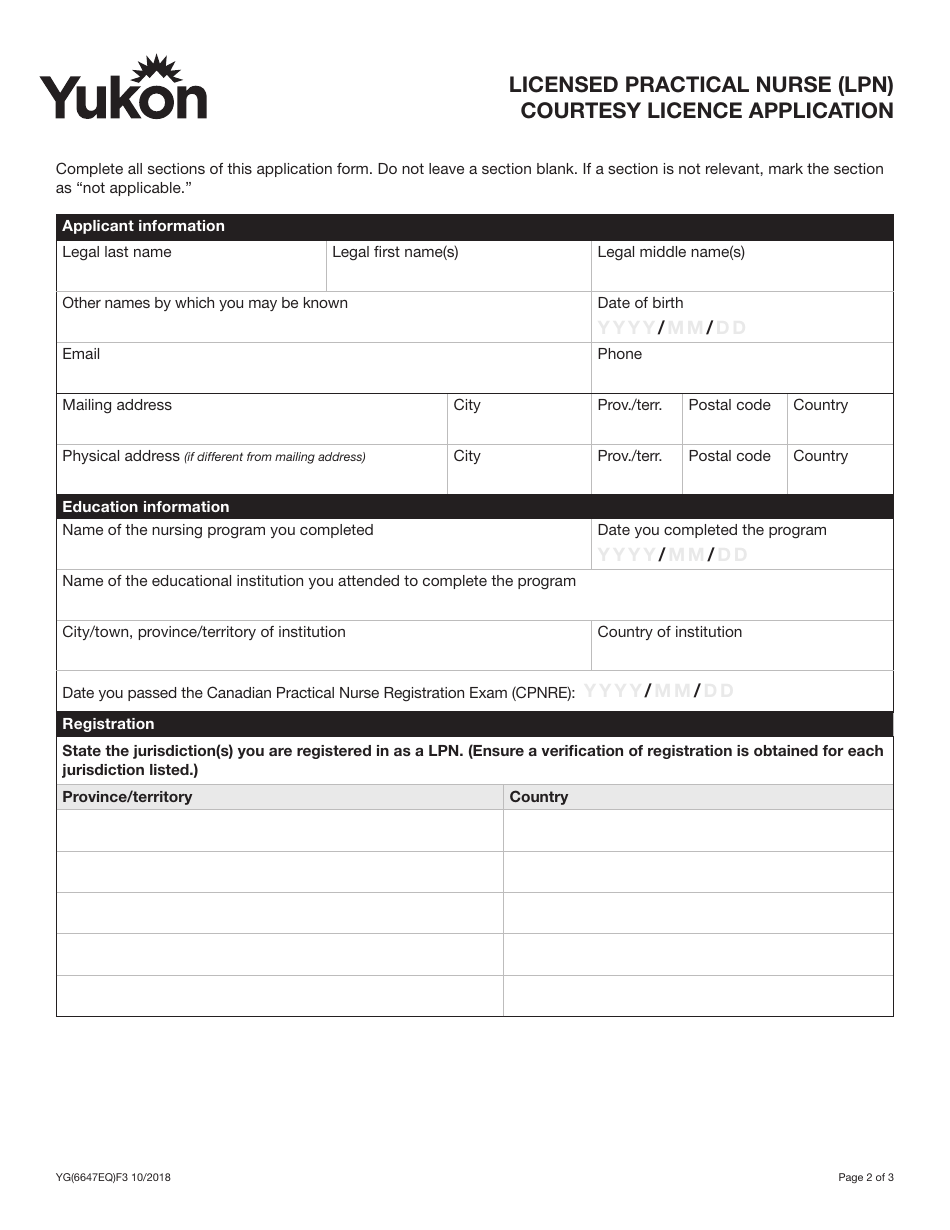 Form YG6647 Licensed Practical Nurse (Lpn) Courtesy Licence Application - Yukon, Canada, Page 2