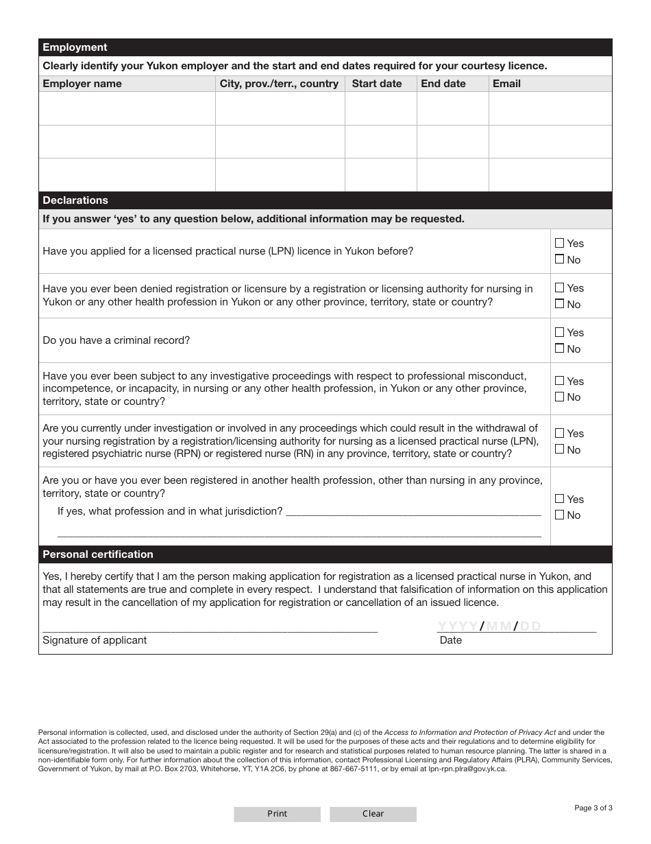 Form YG6647 Licensed Practical Nurse (Lpn) Courtesy Licence Application - Yukon, Canada, Page 3