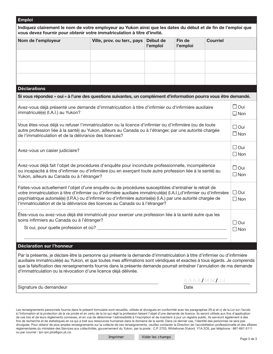 Forme YG6647 Licensed Practical Nurse (Lpn) Courtesy Licence Application - Yukon, Canada (French), Page 3