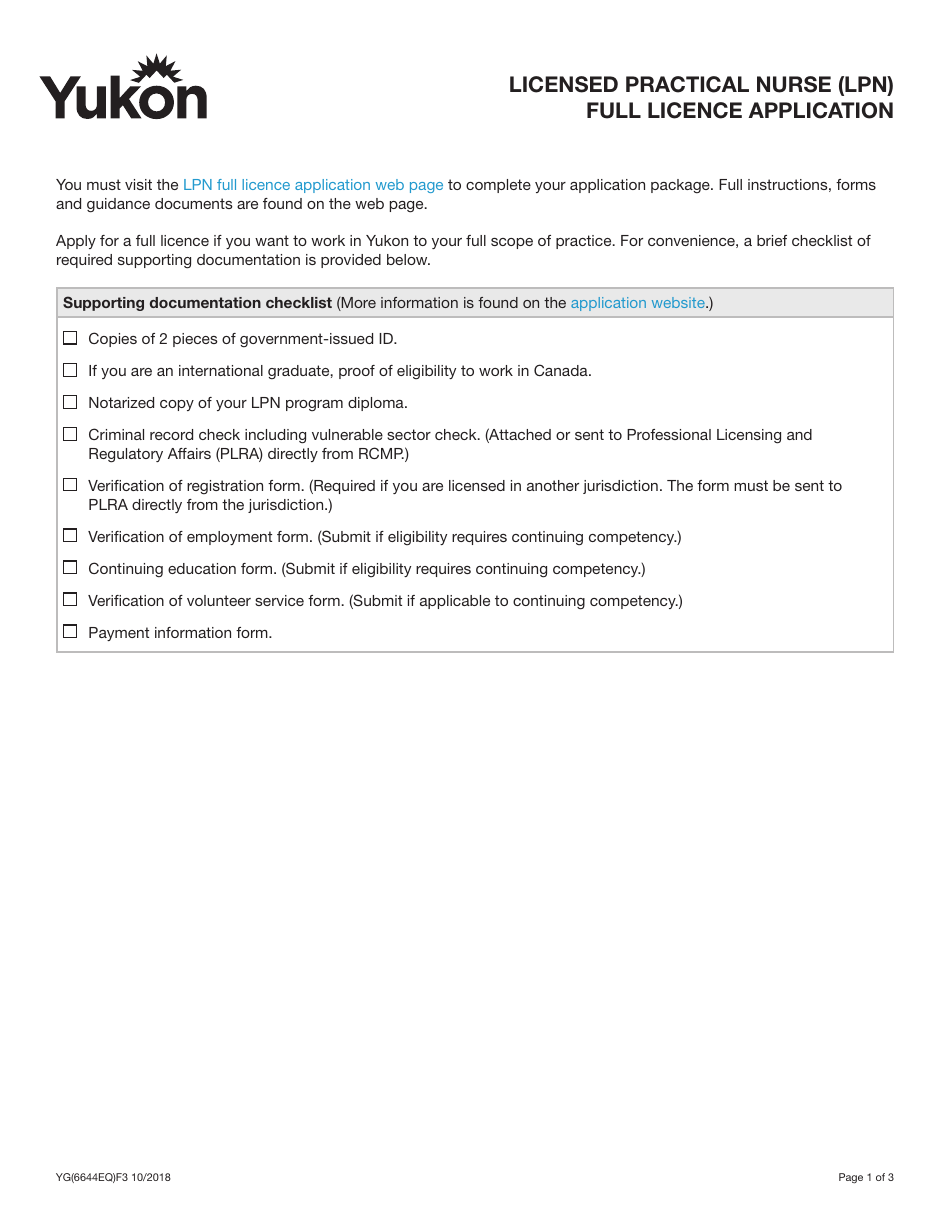 Form YG6644 Licensed Practical Nurse (Lpn) Full Licence Application - Yukon, Canada, Page 1