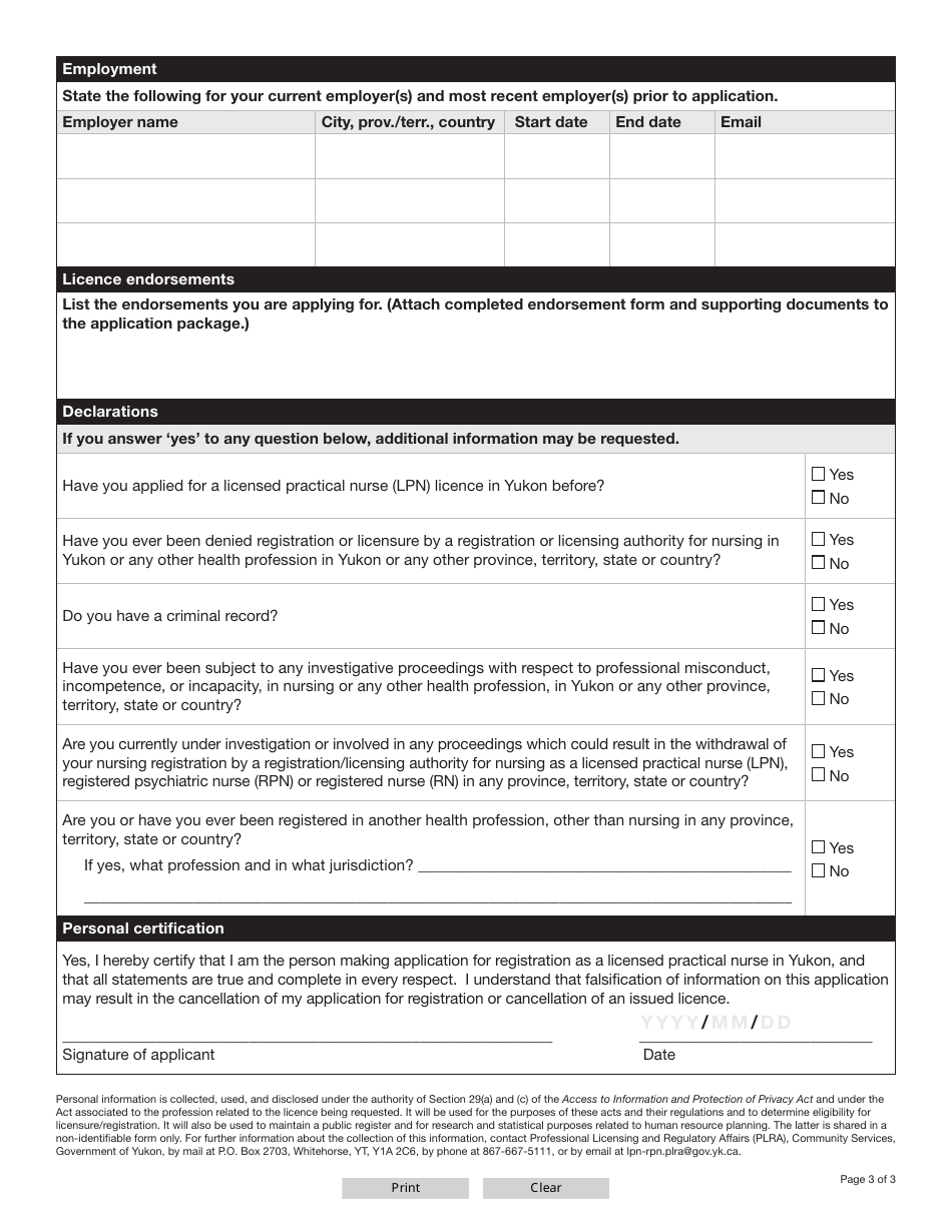 Form YG6644 Licensed Practical Nurse (Lpn) Full Licence Application - Yukon, Canada, Page 3