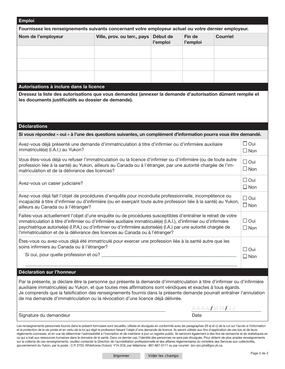Forme YG6644 Infirmieres Et Infirmiers Auxiliaires Immatricules (I.a.i.) Demande Dimmatriculation Complete - Yukon, Canada (French), Page 3