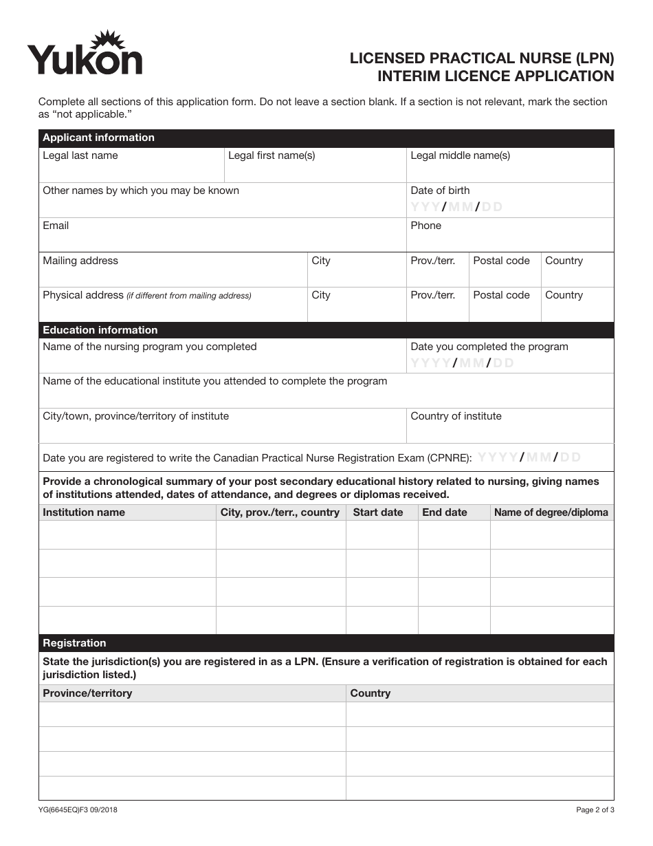 Form YG6645 Licensed Practical Nurse (Lpn) Interim Licence Application - Yukon, Canada, Page 2