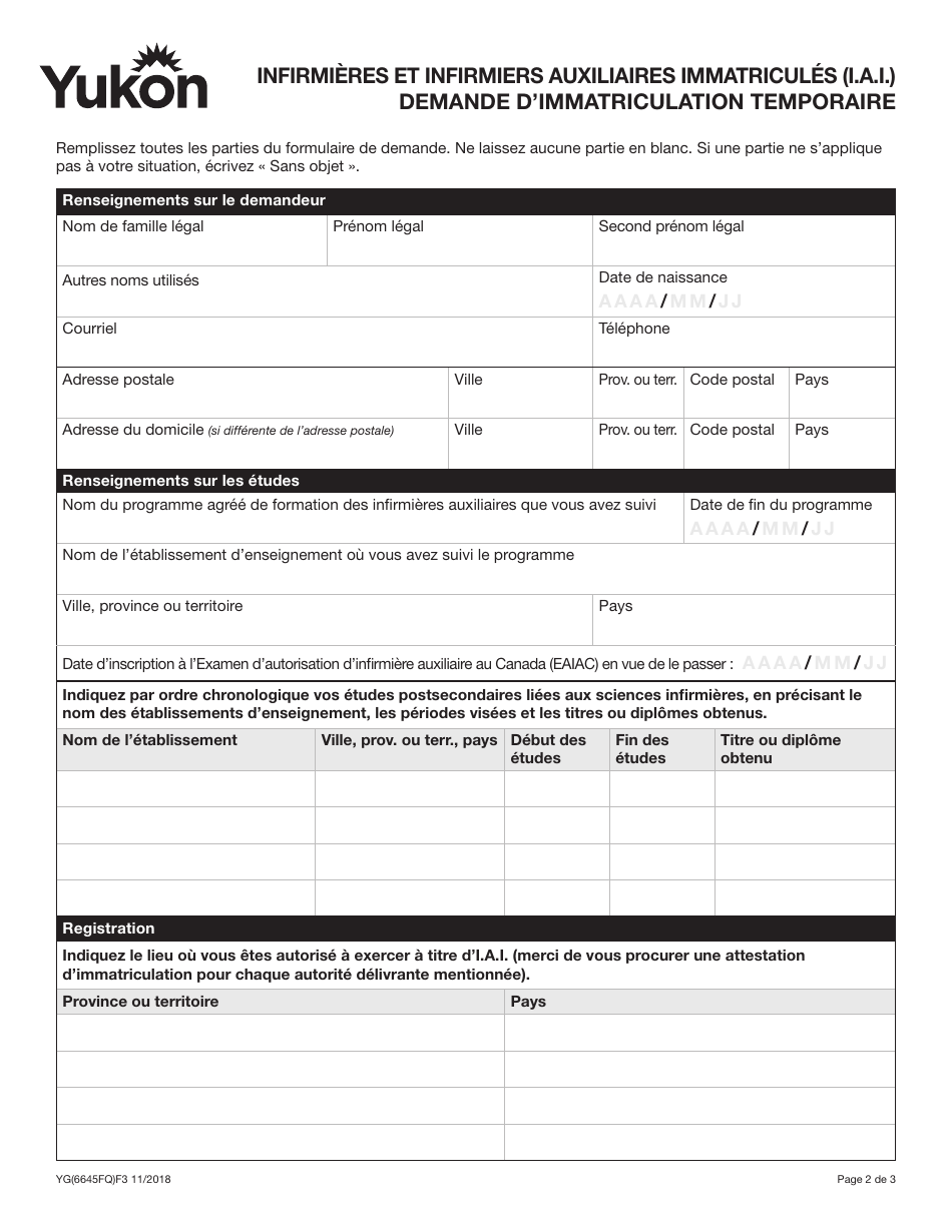 Forme YG6645 Infirmieres Et Infirmiers Auxiliaires Immatricules (I.a.i.) Demande Dimmatriculation Temporaire - Yukon, Canada (French), Page 2