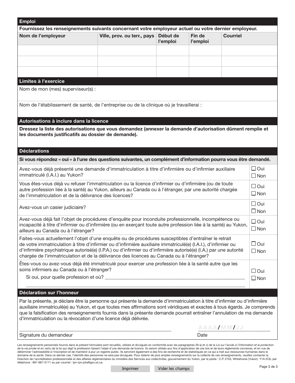 Forme YG6645 Infirmieres Et Infirmiers Auxiliaires Immatricules (I.a.i.) Demande Dimmatriculation Temporaire - Yukon, Canada (French), Page 3