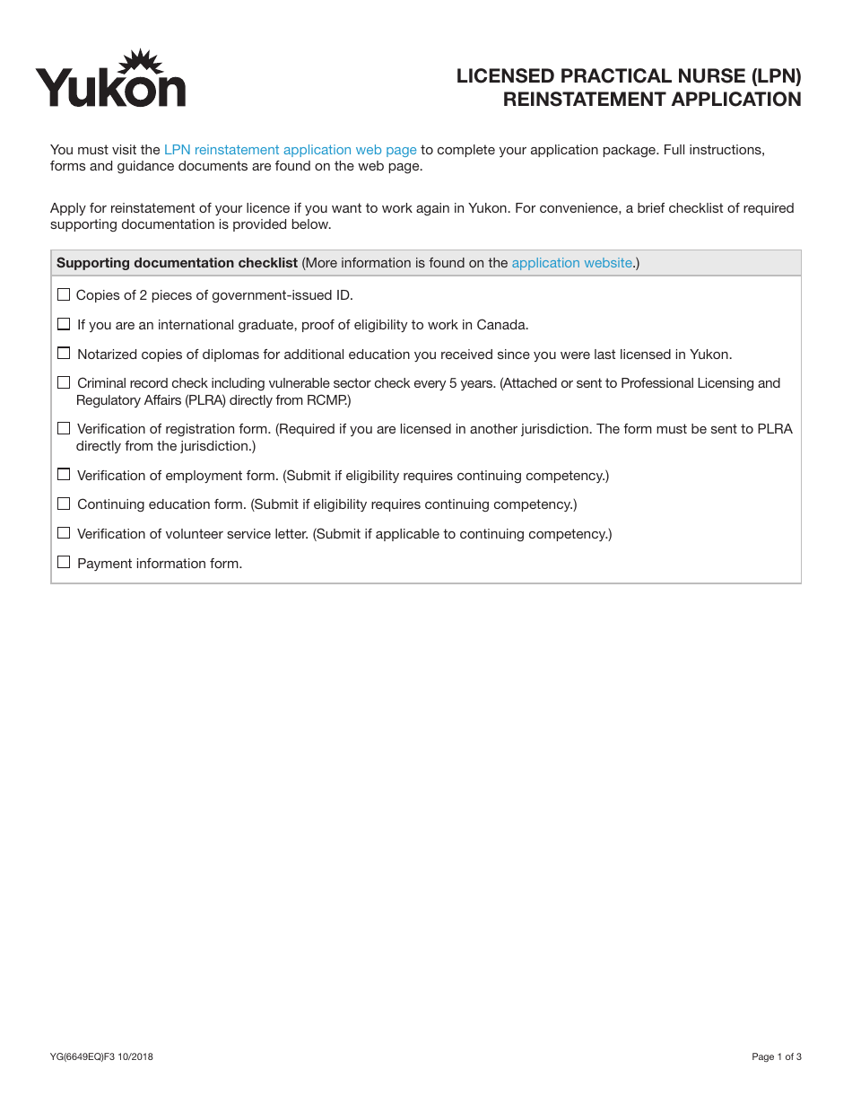 Form YG6649 Licensed Practical Nurse (Lpn) Reinstatement Application - Yukon, Canada, Page 1