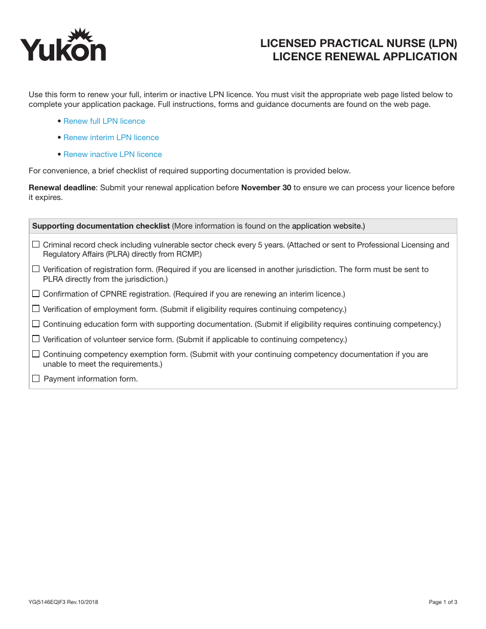 Form YG5146 Licensed Practical Nurse (Lpn) Licence Renewal Application - Yukon, Canada, Page 1