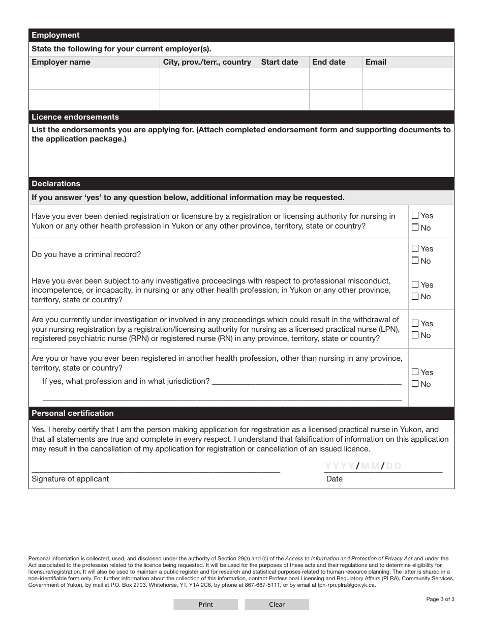 Form YG5146 Licensed Practical Nurse (Lpn) Licence Renewal Application - Yukon, Canada, Page 3