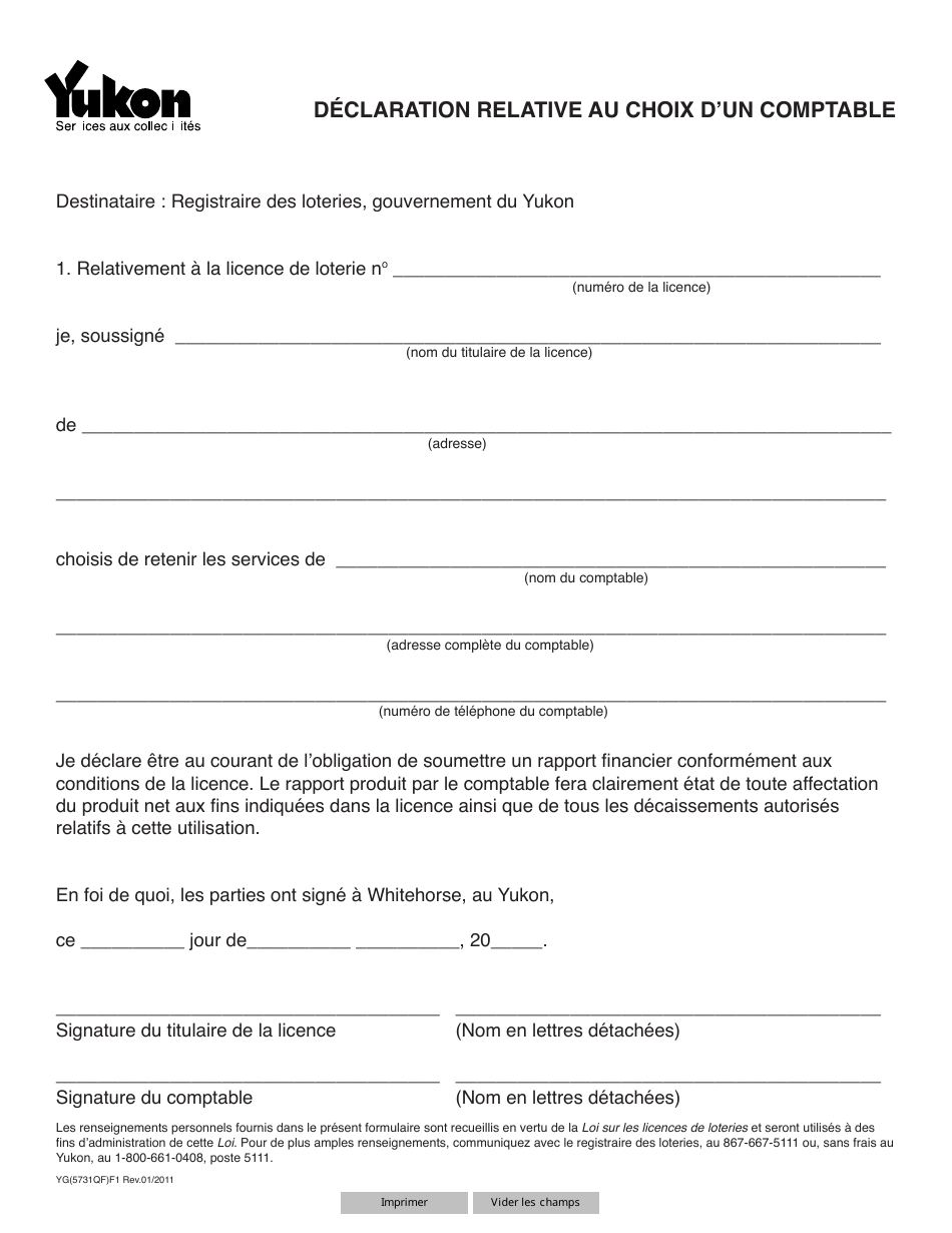 Forme YG5731 Declaration Relative Au Choix Dun Comptable - Yukon, Canada (French), Page 1
