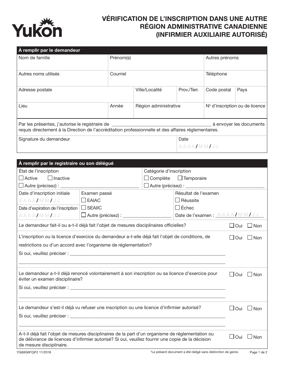 Forme YG6656 Verification De Linscription Dans Une Autre Region Administrative Canadienne (Infirmier Auxiliaire Autorise) - Yukon, Canada (French), Page 1