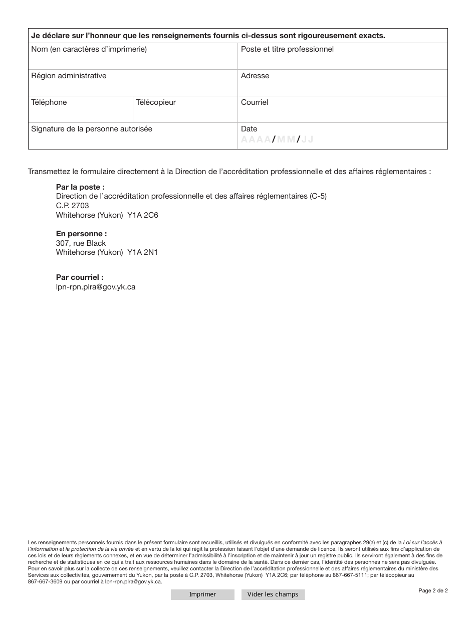 Forme YG6656 Verification De Linscription Dans Une Autre Region Administrative Canadienne (Infirmier Auxiliaire Autorise) - Yukon, Canada (French), Page 2