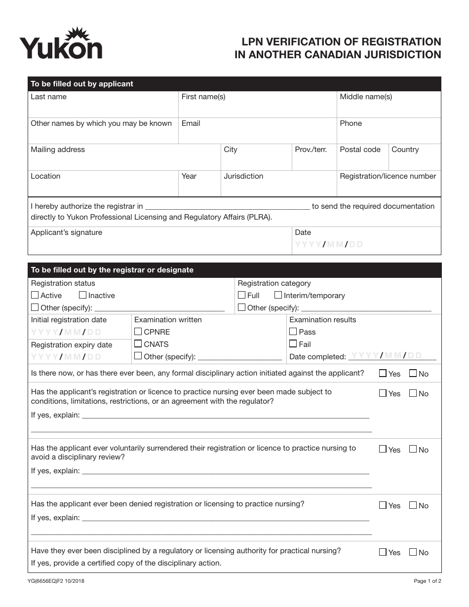 Form YG6656 Lpn Verification of Registration in Another Canadian Jurisdiction - Yukon, Canada, Page 1