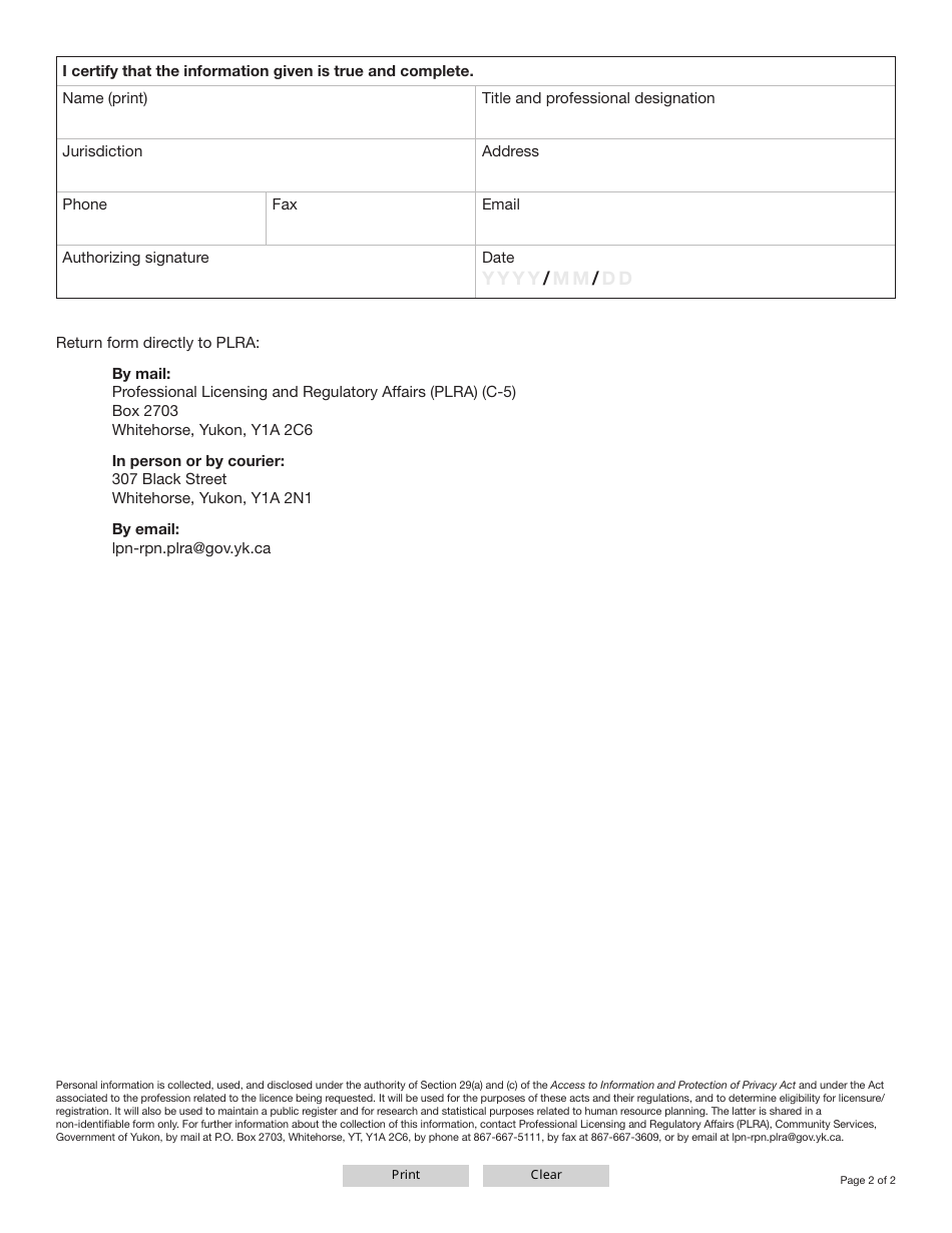 Form YG6656 Lpn Verification of Registration in Another Canadian Jurisdiction - Yukon, Canada, Page 2