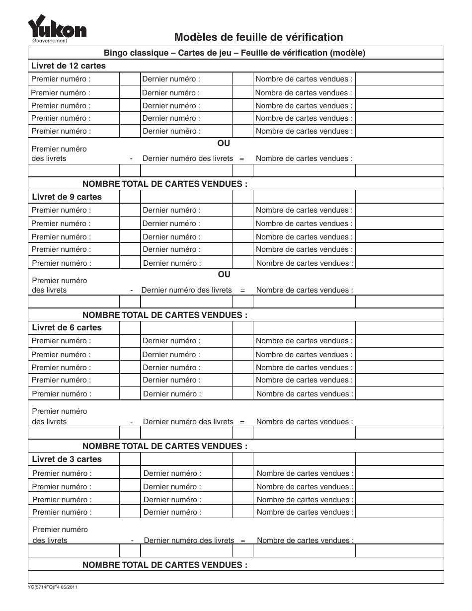 Forme YG5714 Modeles De Feuille De Verification - Yukon, Canada (French), Page 1