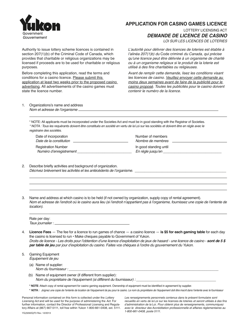 Form YG5092 Application for Casino Games Licence - Yukon, Canada (English / French), Page 1