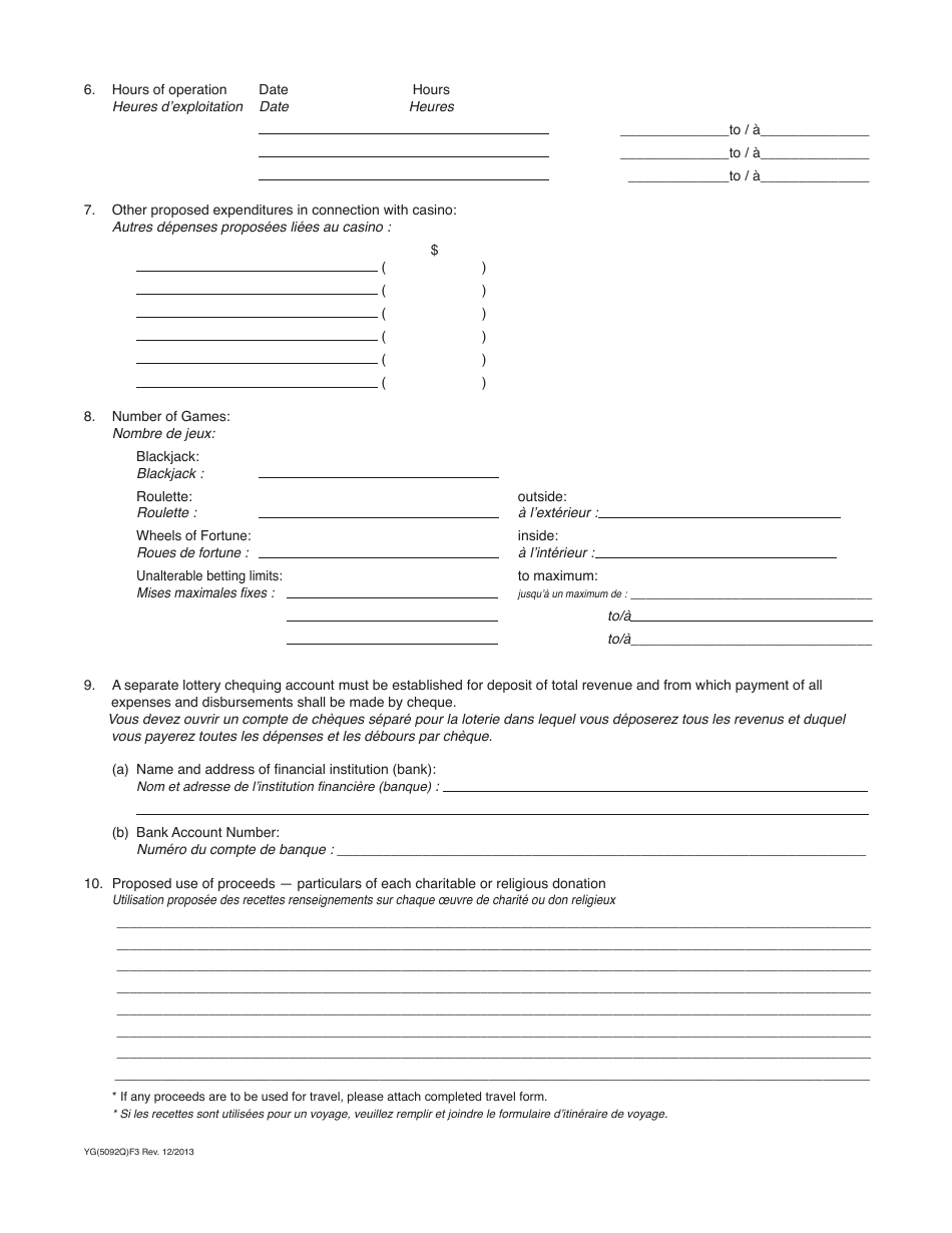 Form YG5092 Application for Casino Games Licence - Yukon, Canada (English / French), Page 2