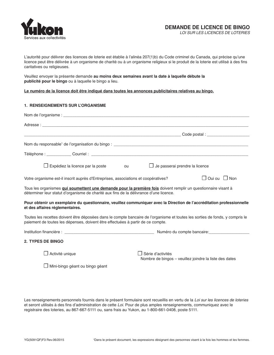 Forme YG5091 Demande De Licence De Bingo - Yukon, Canada (French), Page 1
