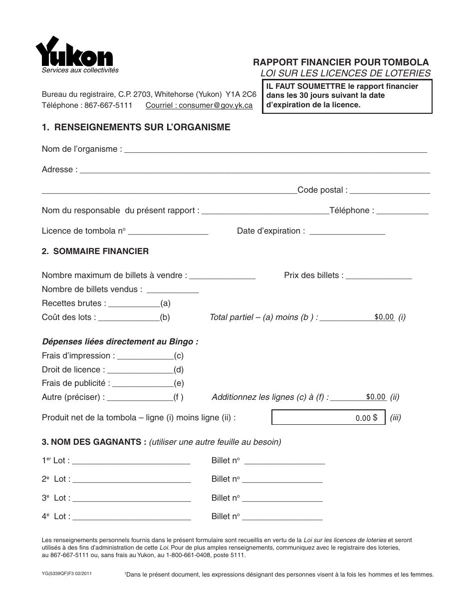 Forme YG5339 Rapport Financier Pour Tombola - Yukon, Canada (French), Page 1