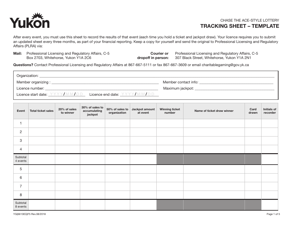 Form YG6613 Chase the Ace-Style Lottery Tracking Sheet - Template - Yukon, Canada, Page 1