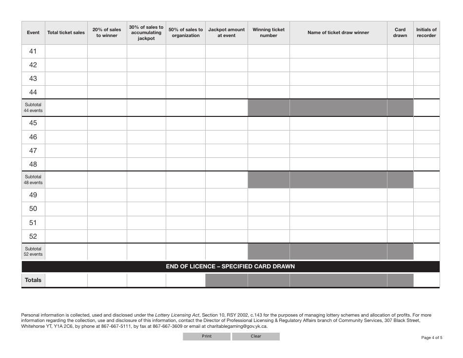 Form YG6613 Chase the Ace-Style Lottery Tracking Sheet - Template - Yukon, Canada, Page 4