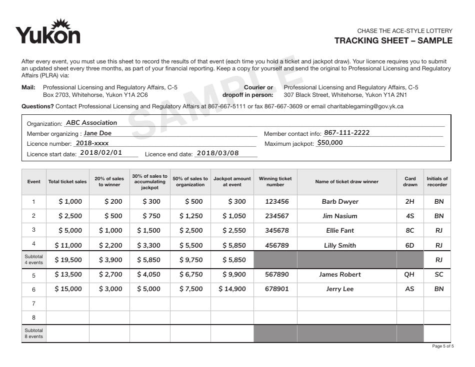 Form YG6613 Chase the Ace-Style Lottery Tracking Sheet - Template - Yukon, Canada, Page 5