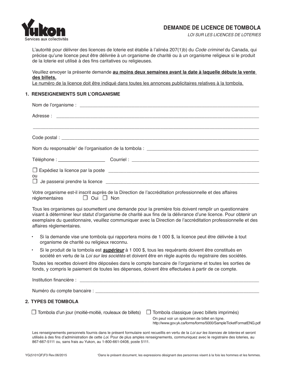Forme YG5101 Application for Raffle Licence - Yukon, Canada (French), Page 1